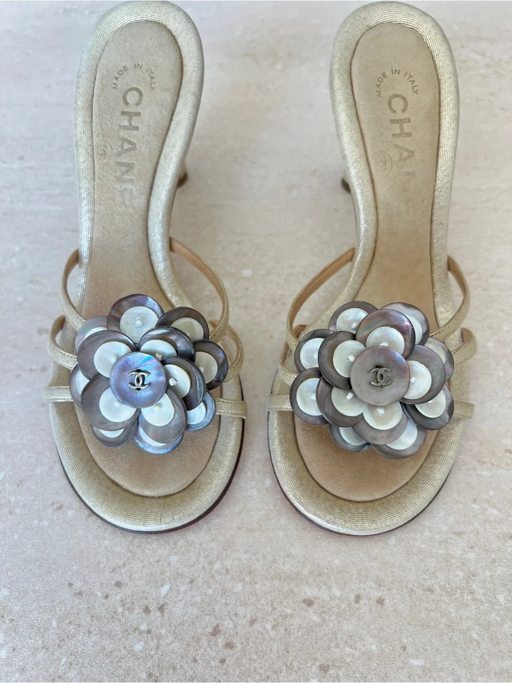 Chanel Vintage Camellia Flower Shell Sandals